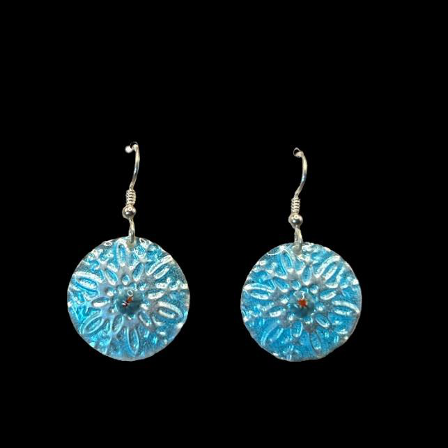 Fine silver enameled snowflake millefiori earrings