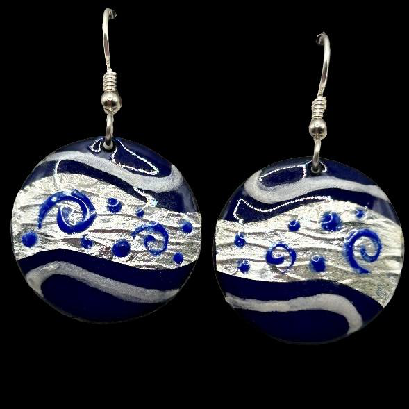 Cobalt blue hand-painted swirls fine silver foil earrings