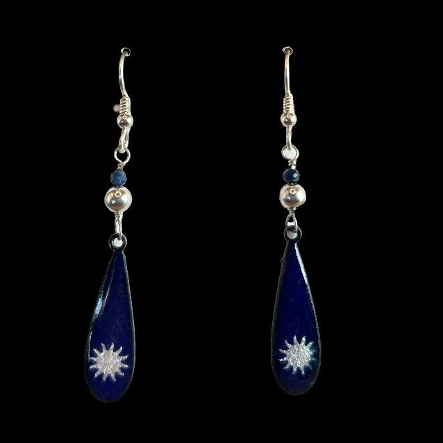 Bright silver sun over cobalt blue enamel with lapis earrings