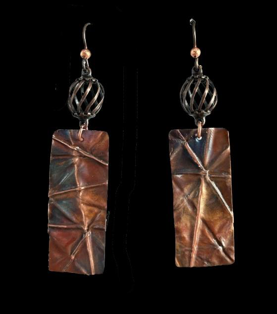 Fold formed fire patina bird cage earrings