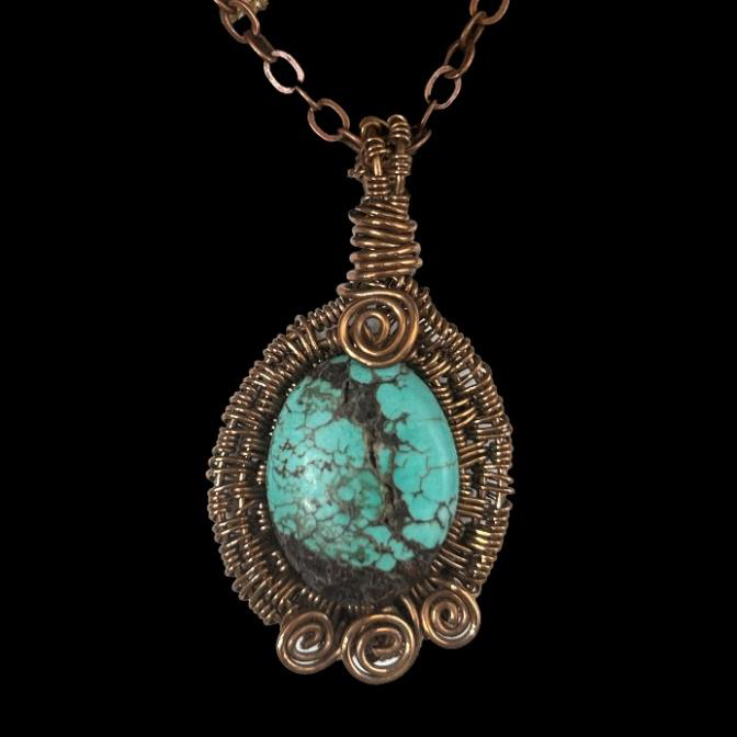 Turquoise Wire Woven Pendant - Blue Green Turquoise