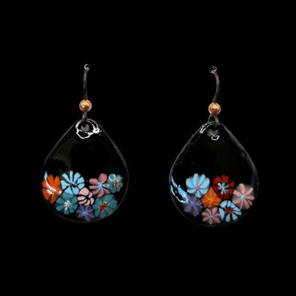 Colorful black flowered enamel earrings