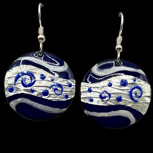 Cobalt blue hand-painted swirls fine silver foil earrings