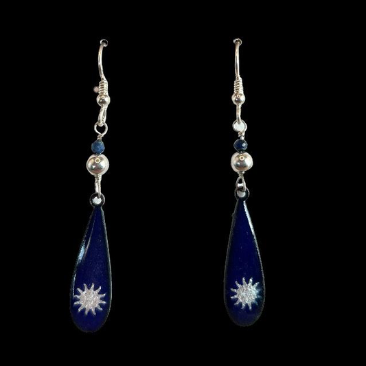 Bright silver sun over cobalt blue enamel with lapis earrings