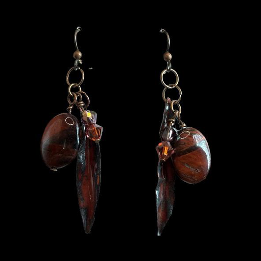 Red tiger eye and fold formed leaf earrings with Swarovski crystal