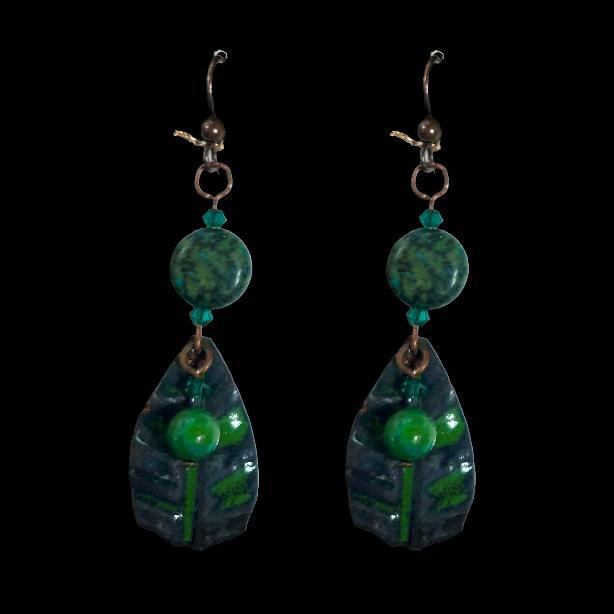 Green tiger eye and jasper fold formed leaf earrings