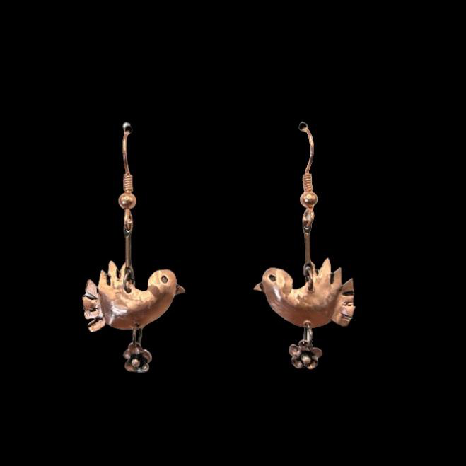 Copper hammered chicken earrings with flowers