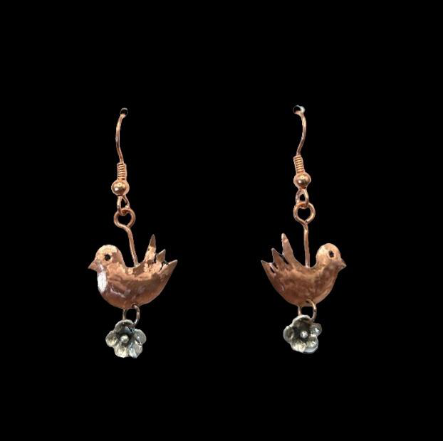 Copper and sterling chicken and flower earrings