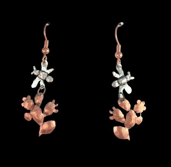 Prickly pear and bee copper and sterling earrings