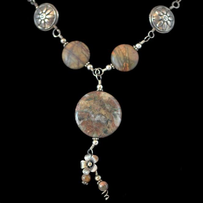 Agate Stone Necklace with Sterling Flowers